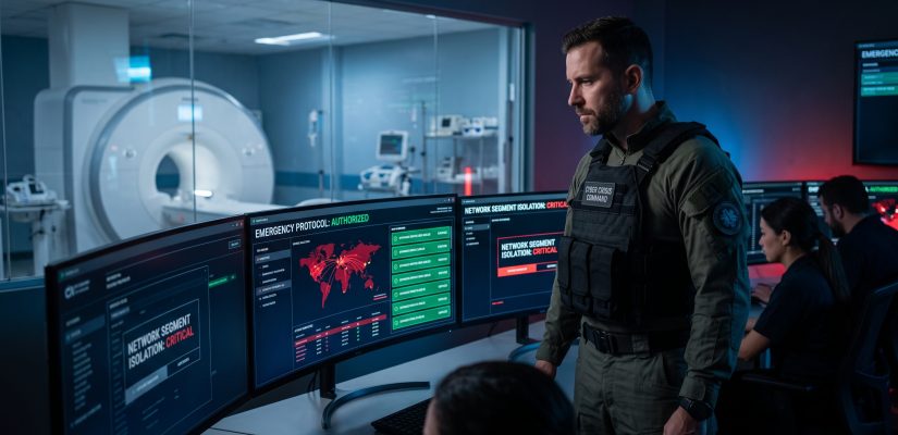 Cybersecurity incident commander monitoring emergency network isolation screens in a hospital command center with an MRI machine in the background.