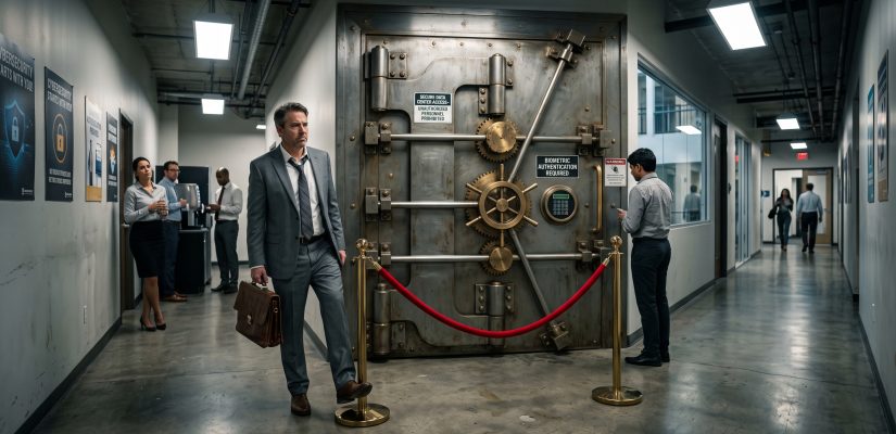 A frustrated office worker easily stepping over a small velvet rope to bypass a massive, complex steel vault door, visualizing human psychology circumventing bad security design.