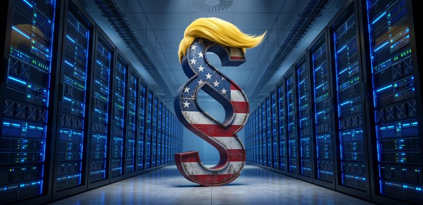 A modern European cloud data center featuring a giant legal section symbol (§) painted in the Stars and Stripes and topped with an absurd yellow toupee, symbolizing absolute US legal jurisdiction over foreign data.