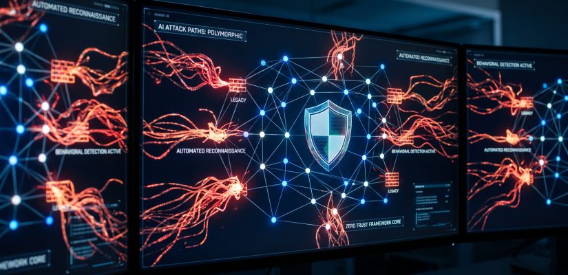 A close-up photograph of three linked computer monitors in a dark Security Operations Center (SOC), displaying high-tech, glowing network security visualizations. The central screen prominently features a large, stylized shield icon over a complex graph, with the headline "AI ATTACK PATHS: POLYMORPHIC." Other screens show data streams and interfaces with labels like "AUTOMATED RECONNAISSANCE," "BEHAVIORAL DETECTION ACTIVE," and "ZERO TRUST FRAMEWORK CORE," illustrating a modern, math-based defense strategy against automated threats.