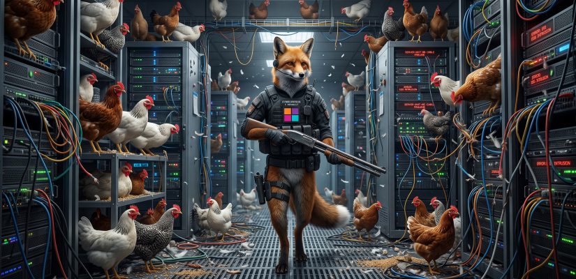 A satirical image of an upright-walking fox in a security vest with a logo resembling Microsoft's, holding a shotgun while guarding a server room full of chickens.