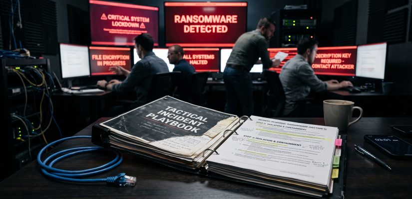 A physical incident response playbook binder and an unplugged network cable on a desk, with red ransomware warning screens in the blurred background.