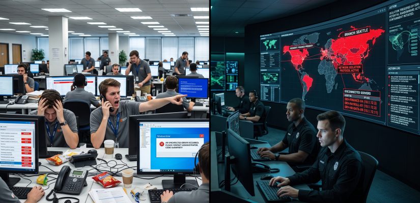 A split-screen showing a chaotic standard IT helpdesk on one side and a dark, focused Security Operations Center isolating a network on the other.