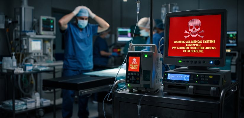 Medical IoT devices in a dark hospital room displaying a red ransomware screen, highlighting the lethal threat of cyberattacks on clinical infrastructure and patient safety.
