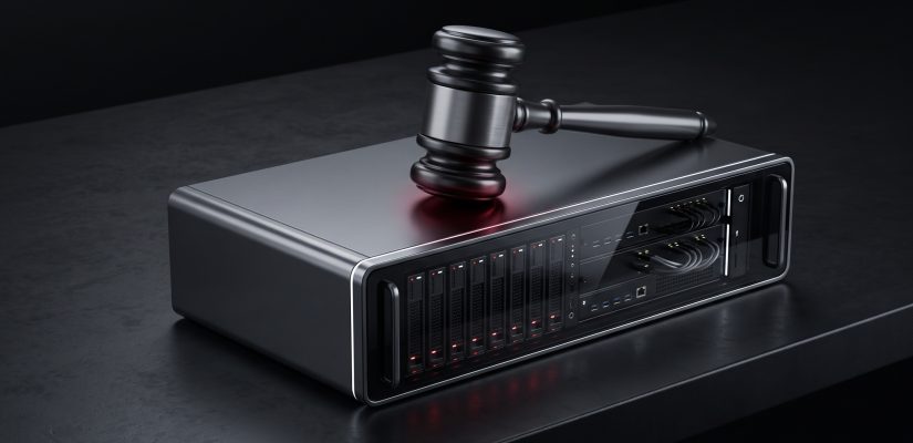 Visualization of a modern gavel resting on digital infrastructure, representing the direct legal liability introduced by EU cyber directives.