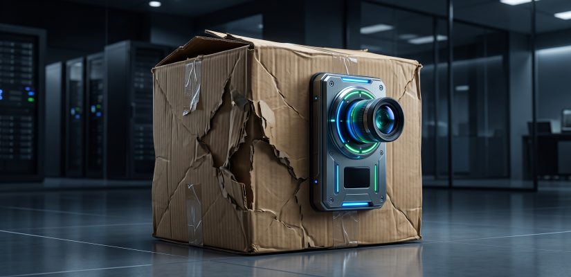 A highly advanced, glowing biometric retinal scanner installed on a flimsy, torn cardboard box, symbolizing expensive cybersecurity tools placed on broken IT fundamentals.