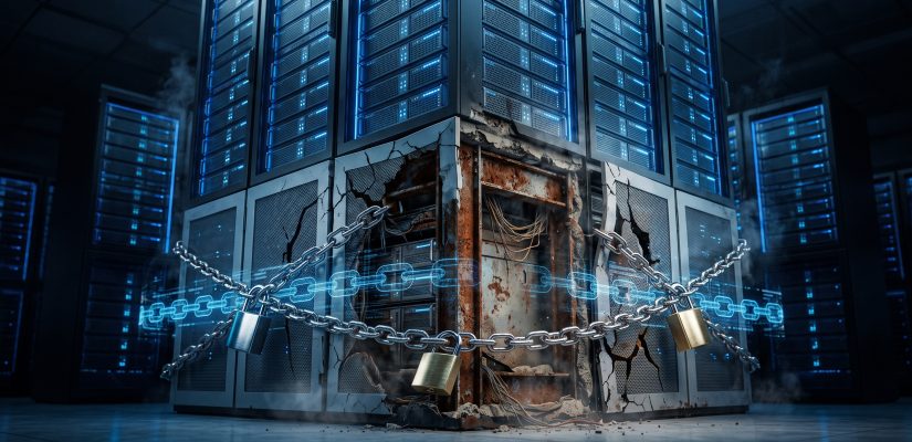 A single, fragile glowing blue window pane supporting a massive, crumbling corporate server structure, symbolizing the danger of the existing IT monoculture.