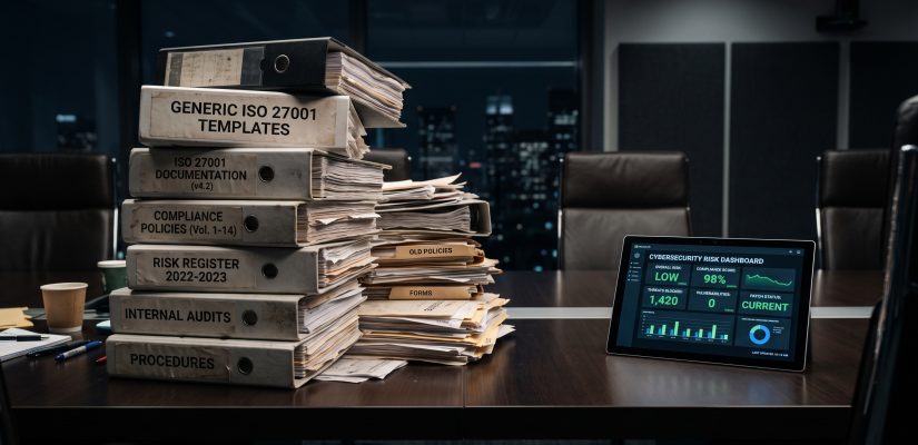 A messy stack of compliance binders next to a sleek digital risk dashboard, symbolizing the shift from bureaucratic paperwork to pragmatic ISO 27001 security.