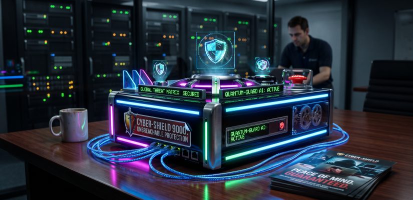 A glowing, over-designed cybersecurity appliance representing overpriced vendor snake oil and empty marketing buzzwords.
