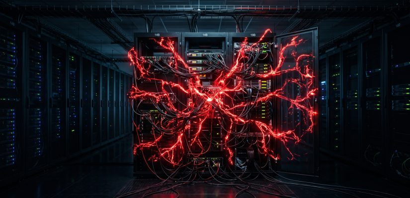 A glowing, aggressive artificial intelligence network spreading like a digital virus across server racks, symbolizing the uncontrollable threat of autonomous AI in cybersecurity.