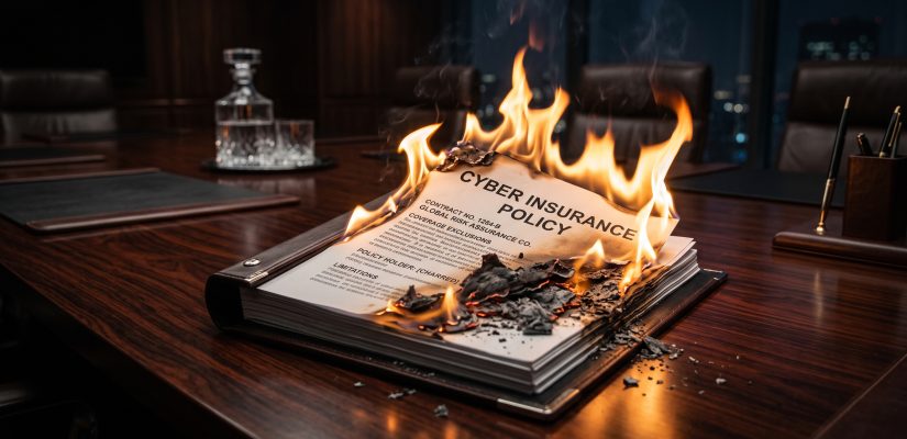 An official cyber insurance policy burning to ashes on a boardroom table, symbolizing how insurers deny payouts and leave companies defenseless during a cyberattack.